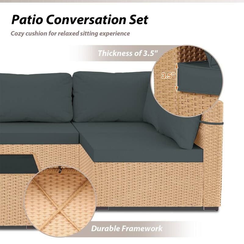 Patio Watcher 7-Piece Patio Yellow Wicker Sectional Seating Group with Cusions and Side Table