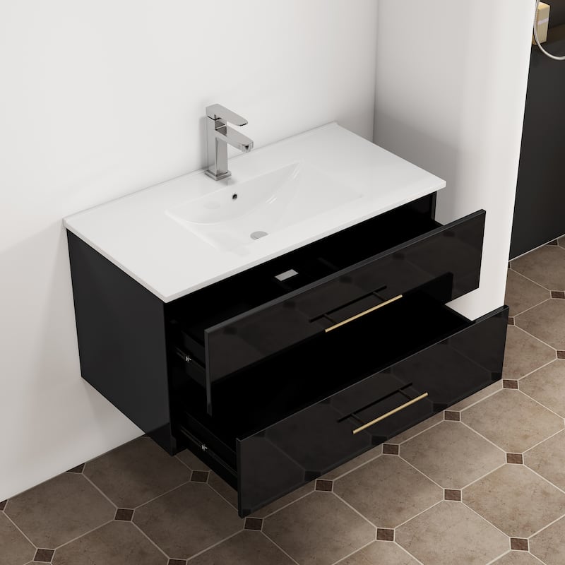 36-Inch Gloss Wall-Mounted Bathroom Vanity with Sink Combo,Double Drawers,Ceramic Sink, Long Gold Metal Handle