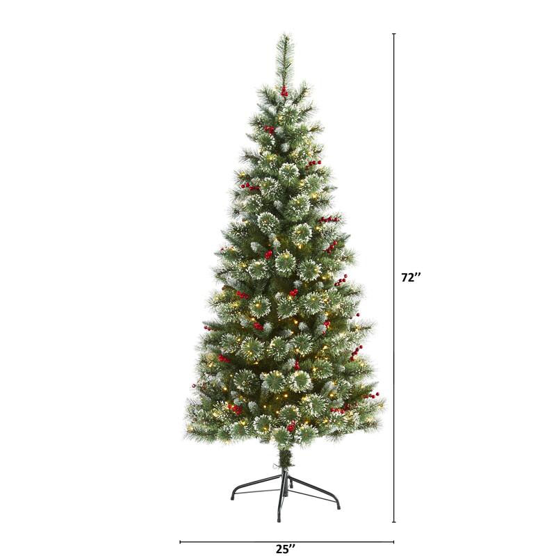 6' Frosted Swiss Pine Artificial Christmas Tree with 300 Clear LED Lights and Berries