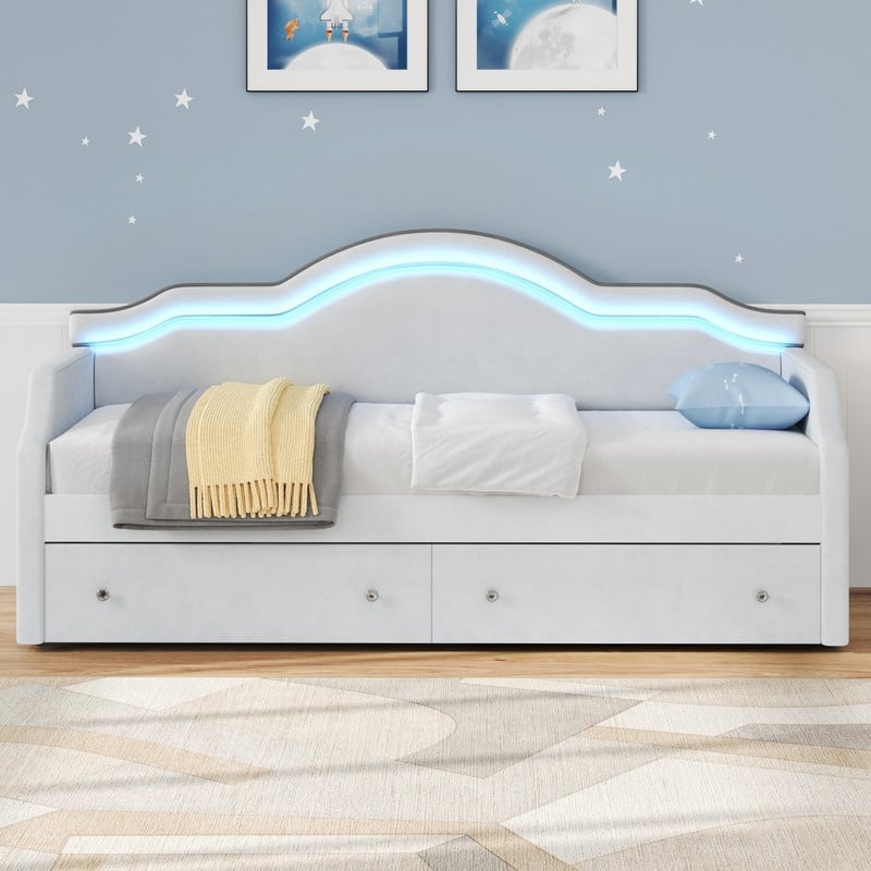 Twin Size Upholstered Daybed with LED and 2 Drawers