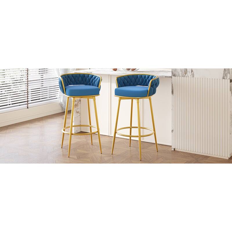 Roomfitters 31.5" Swivel Counter Height Bar Stools Set of 2, Low Back Upholstered Kitchen Chairs with Gold Metal Legs, Blue