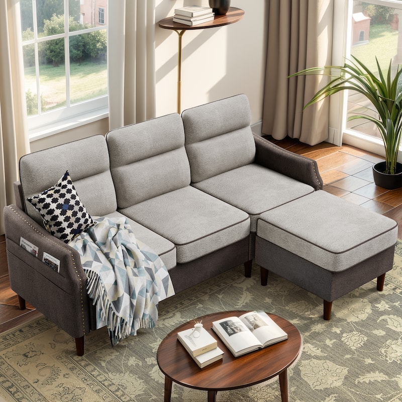 Futzca 78” L Shaped Sofa Couch with Ottoman and Side Storage Bag - Brown