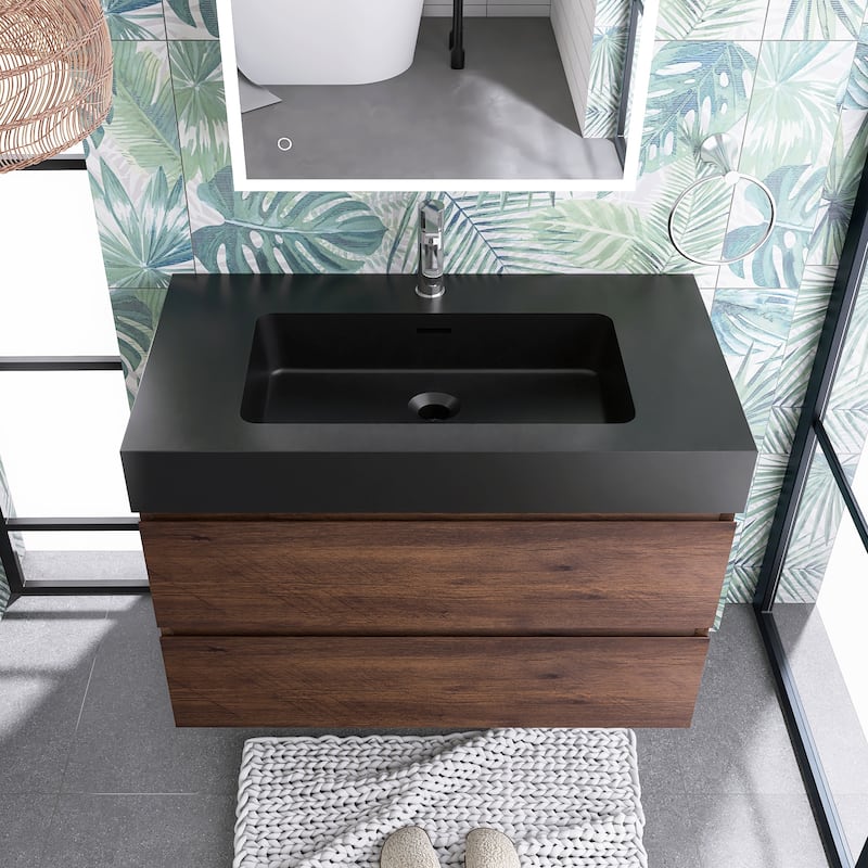Floating Bathroom Vanity with Black Solid Surface Top