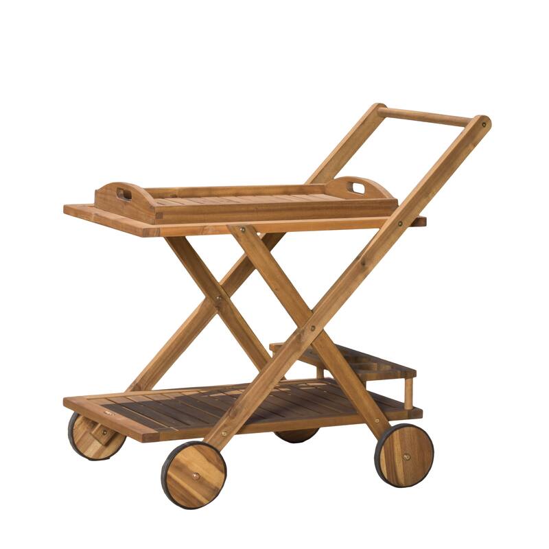 Roomfitters Outdoor Wooden Rolling Bar Cart with Bottle Holders, Serving Trolley with Two-Tier Storage, Natural Wood