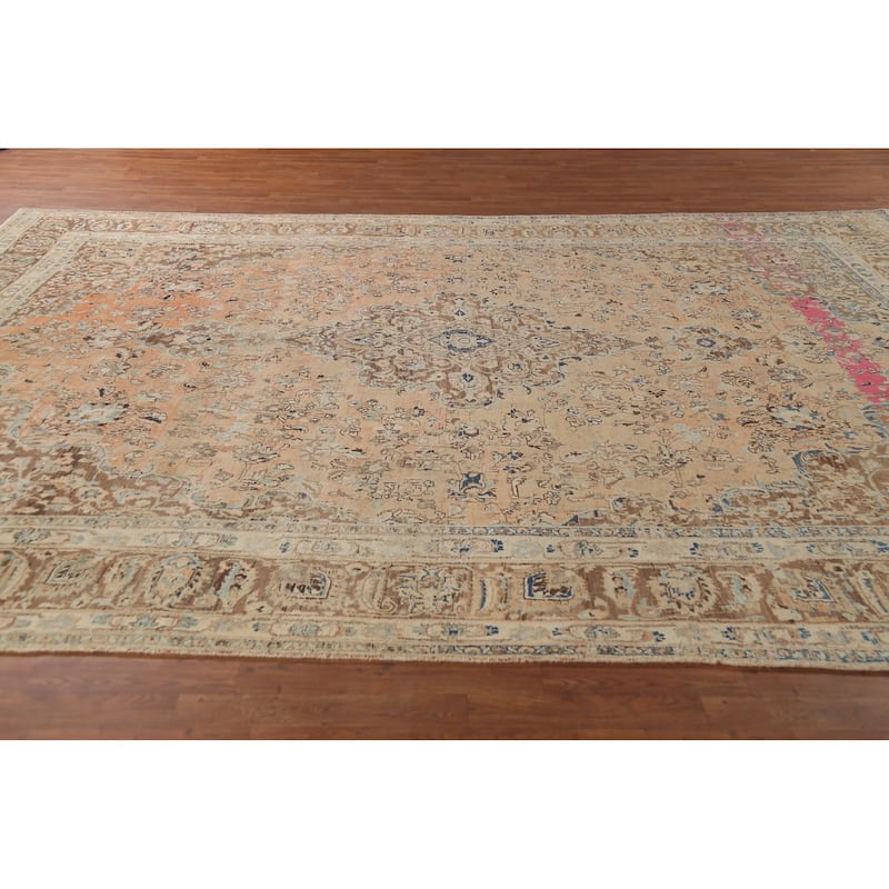 Orange Traditional Mashad Persian Vintage Rug Hand-Knotted Wool Carpet - 9'7"x 13'4"