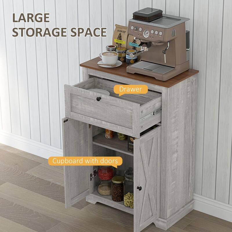 Farmhouse Barn Door Accent Cabinet, Kitchen Sideboard Storage Cabinet with Double Doors, Drawer, and Adjustable Shelf