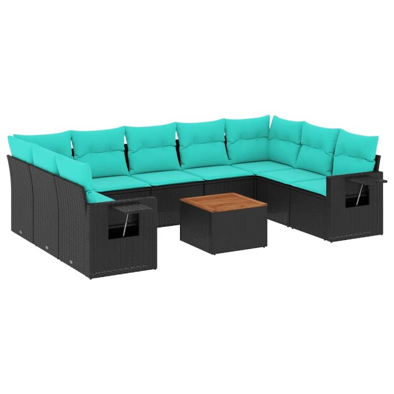 vidaXL 10 Piece Patio Sofa Set with Cushions Black Poly Rattan - 24.4" x 24.4" x 27.2"