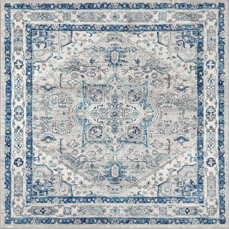 JONATHAN Y Traditional Persian Vintage Medallion Area Rug - 5' Square - Light Grey/Blue