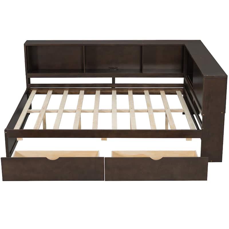 Queen Size Wood Daybed with LED Storage Shelves, USB Ports, and 2 Drawers by Harper&Bright Designs