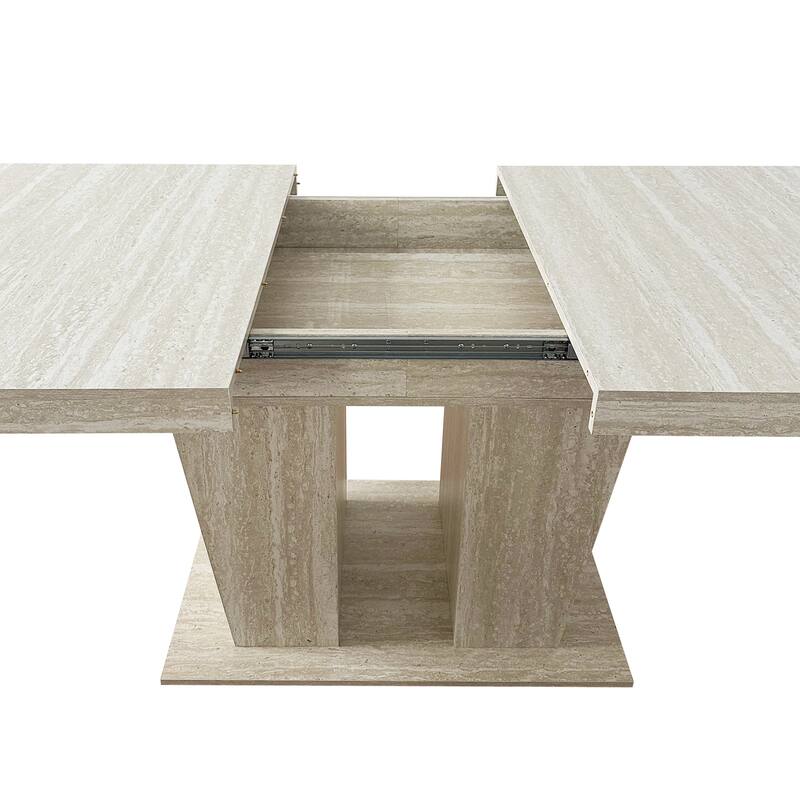 Extendable Dining Table Meeting Table, Wood Kitchen Table for 6-10, Large Office Table with Veined Travertine Pattern