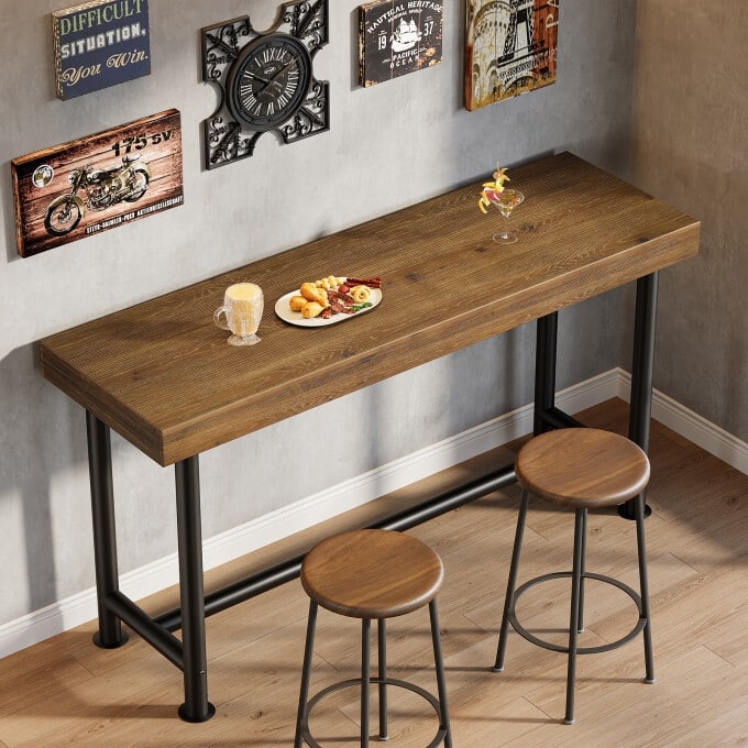 63-Inch Solid Wood Bar Height Dining Pub Table with Metal Frame