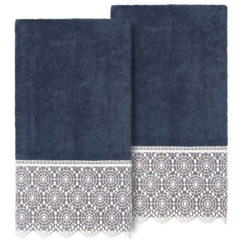 Authentic Hotel and Spa Turkish Cotton Arian 2PC Cream Lace Embellished Bath Towel Set - Navy