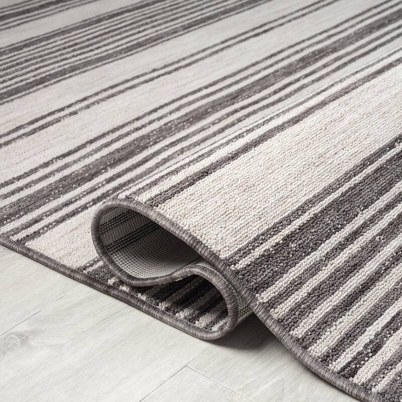 Sevita Ivory/Gray Striped PET Yarn Indoor/Outdoor Area Rug