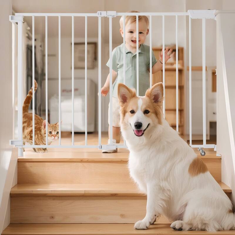 White Adjustable Baby Gate with Double Lock and One-Handed Operation for Stairs and Doorways - 28"H