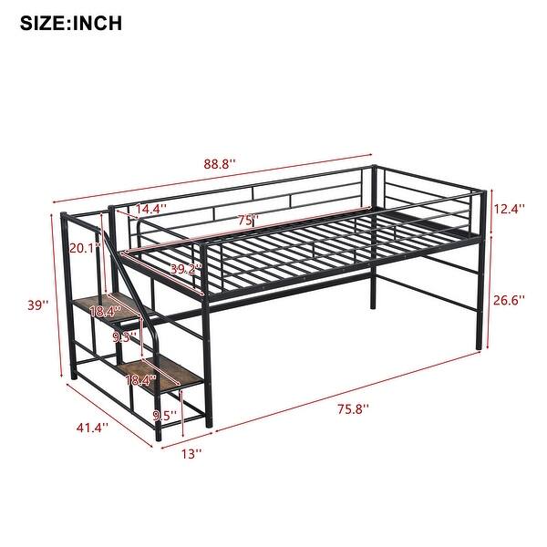 Black Twin Size Metal Mid Loft Bed with Storage Stairs and Fence