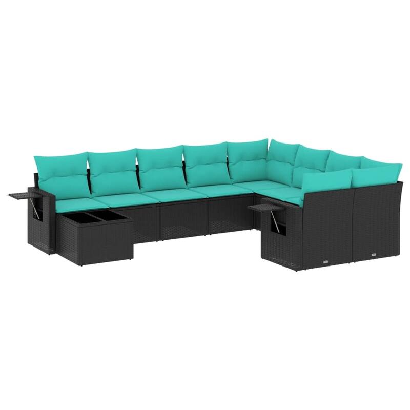 vidaXL 10 Piece Patio Sofa Set with Cushions Black Poly Rattan - 21.7x27.2x24.4