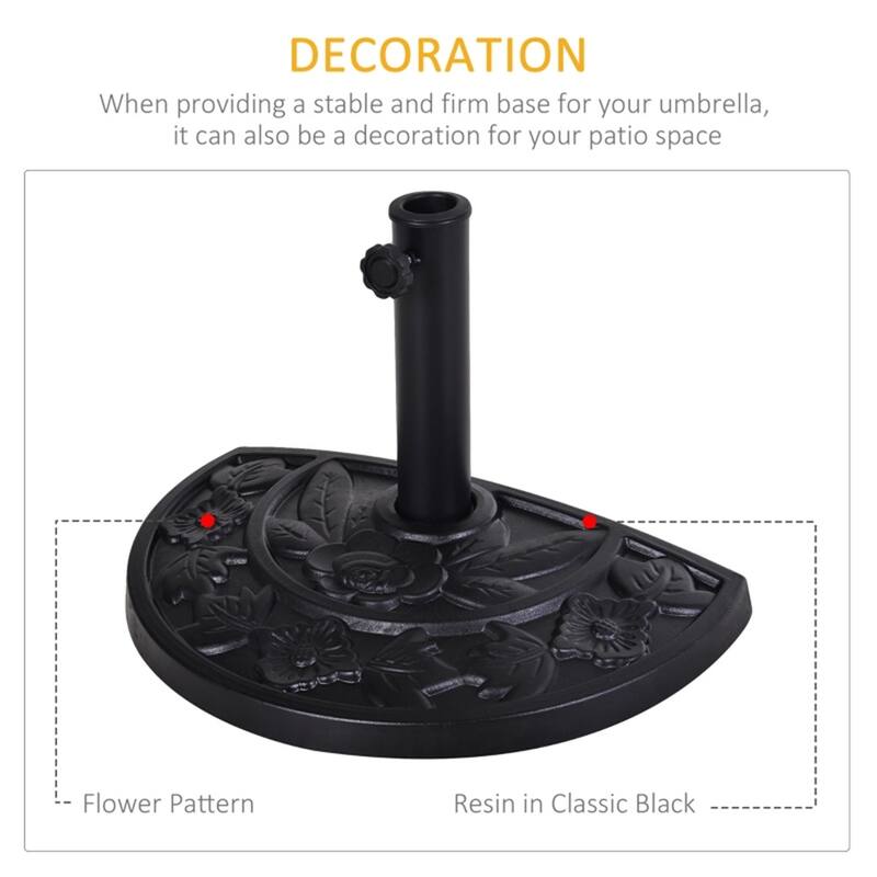 Half Umbrella Stand Black Resin Base with Steel Pole Decorative Flower Design Fits 1.5 and 1.9 Inch Poles