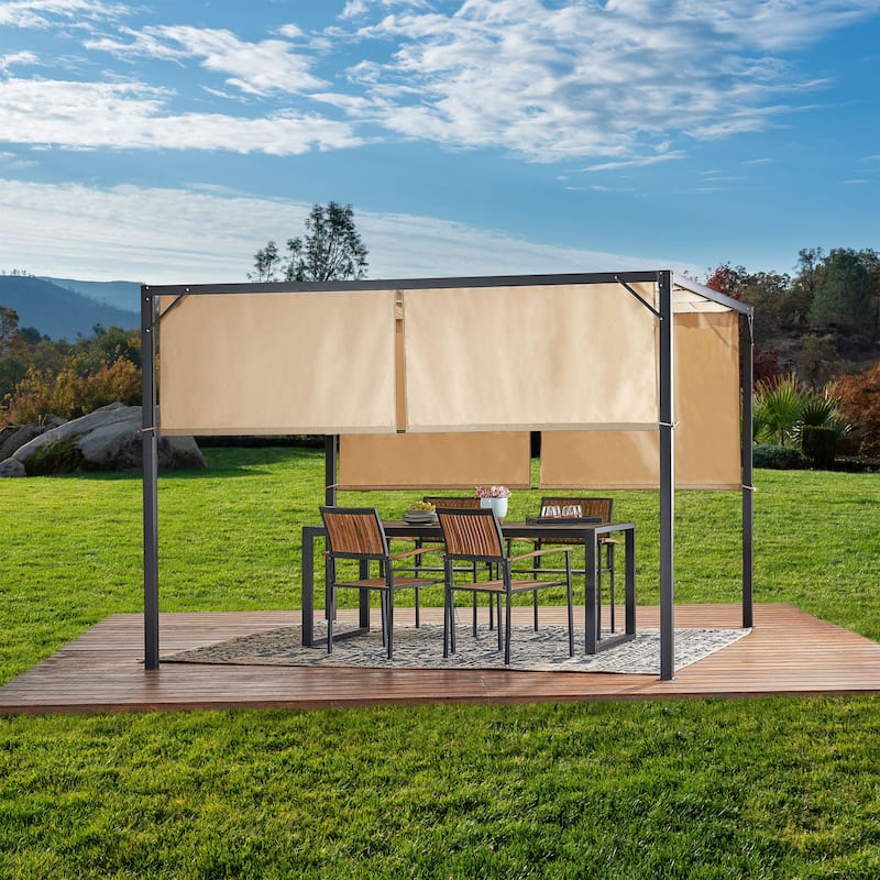 Roomfitters Steel Outdoor Pergola with Retractable Canopy, All-Weather Patio Shade for Dining and Entertaining, Beige