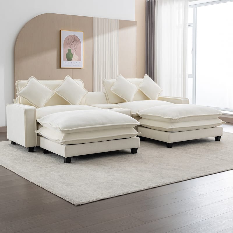 111" Beige Chenille Sectional Sofa with 2 Ottomans, 2 USB Ports, 2 Cup Holders & Storage