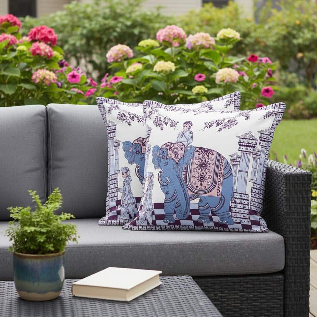 HomeRoots Set of Two 16" X 16" Blue and Purple Elephant Blown Seam Floral Indoor Outdoor Throw Pillow - 16.00' X '16.00' X '5.00