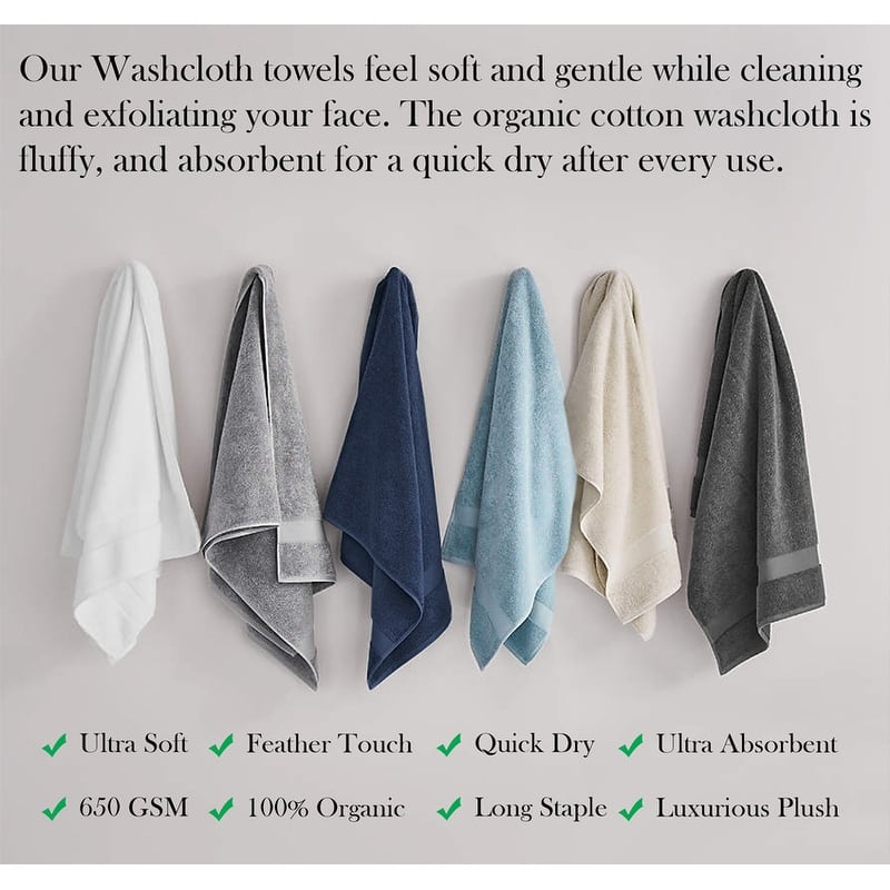 Delara Organic Cotton Luxuriously Plush Washcloths Pack of 6 |GOTS & OEKO-TEX Certified |650 GSM Long Staple | Quick Dry & Soft