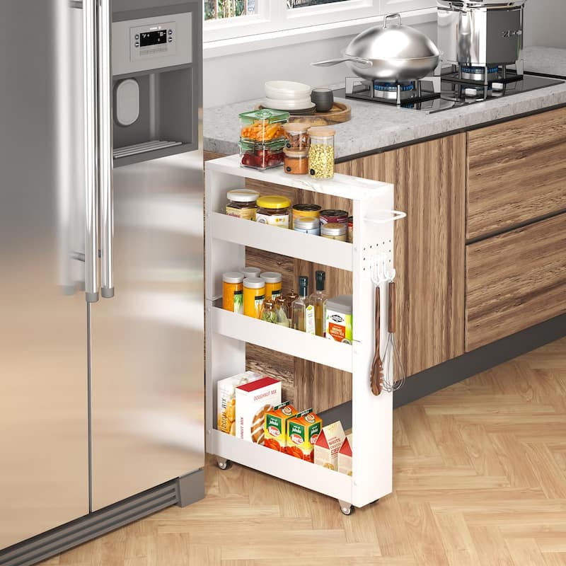 Slim Storage Cart, 4-Tier Kitchen Rolling Cart Narrow Storage Cabinet with Handle & Wheels, Metal Rolling Shelf Unit