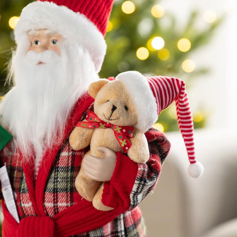 Glitzhome 18"H Faux Fur Christmas Santa Figurines with Porcelain Face