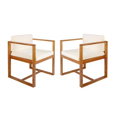 2 Set Wood Dining Chairs Side Chair Upholstered Armchair, Teak+Beige
