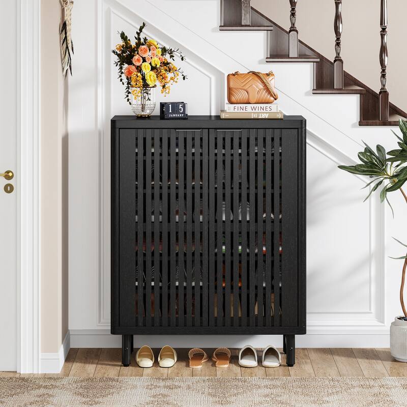 Wooden Shoe Cabinet with Shutter Doors, Adjustable Shelves Large Hidden Storage Organizer Rack for Entryway Hallway