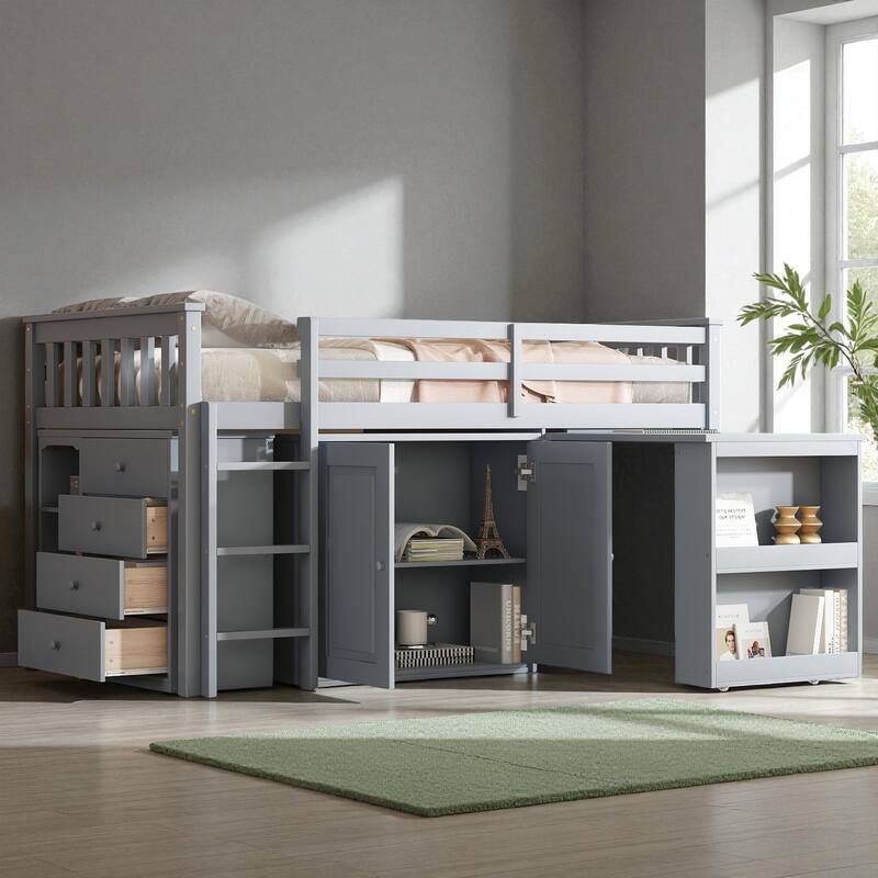 Twin Size Rubber Wood Loft Bed with Pull-Out Desk, Storage Cabinets, Drawers and Shelves, Safety Guardrail and Ladder