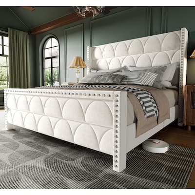 Hansabenne Solid Wood Bed Frame Queen and King Platform Bed Frame with Headboard White and Gray