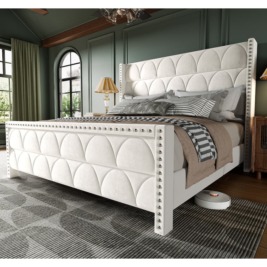 Hansabenne Solid Wood Bed Frame Queen and King Platform Bed Frame with Headboard White and Gray