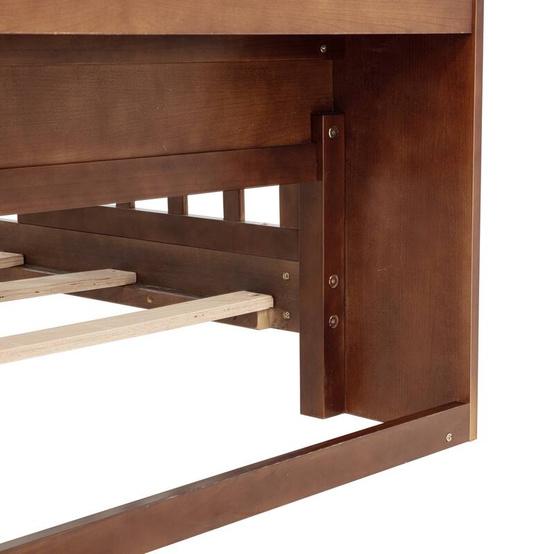 Full Pine Wood Bed with Bookcase Headboard, LED Motion Sensor Light, Bed Guardrails, Walnut Finish