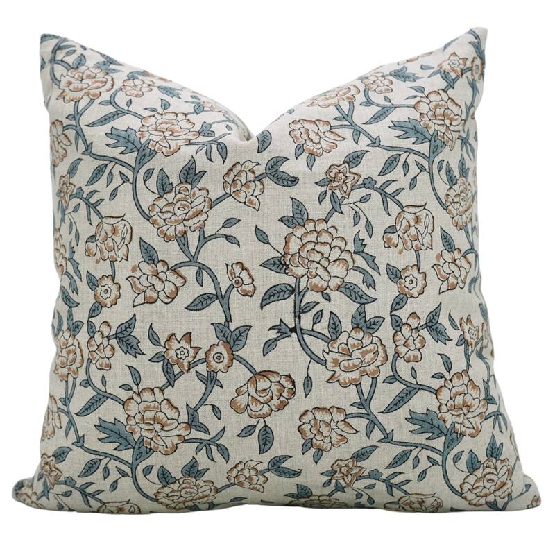 Fabdivine Block Print 12x20 Inch Pillow Cover Pure Linen Floral Farmhouse Decor Accent for Brown Soft, Cushion Case, Kanak Buti - Pillow Covers - Mriganayani- Brown, Blue - 20" x 20"