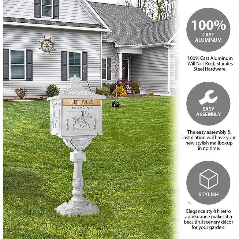 Retro Mid-century Aluminum Cast Mailbox with Post and Keys, Locking Residential Rust-Proof Security Postal Mailboxes