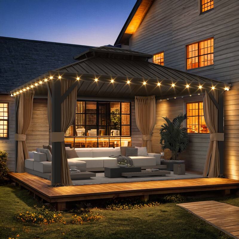 Erommy Hardtop Gazebo with Galvanized Steel Double Roof & Aluminum Frame, Outdoor Gazebo with Curtains and Nettings - 12' x 14'
