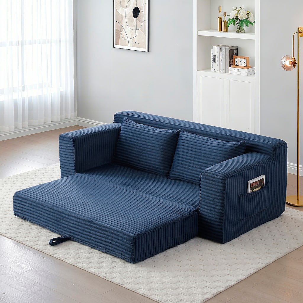 Floor Sofa Couch Blue Convertible Sofa Bed with Storage Pockets, Boneless Pull-Out Sofa Bed for Living Room