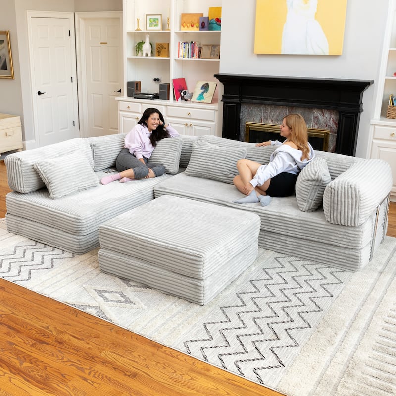 Jaxx Unsofa Modular Convertible Sectional Sofa with Fold Out King Sleeper Bed - U-Shaped Sectional. - Faux Fur Light Grey