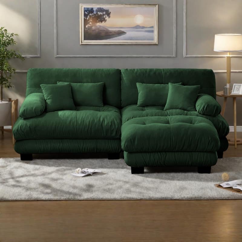 94.4" 2-Seater Chenille Cloud Couch with 4 Pillows and Convertible Ottoman