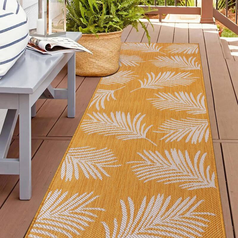 World Rug Gallery Contemporary Palm Leaves Textured Flat Weave Indoor/Outdoor Area Rug - 2'x7' Runner - Yellow