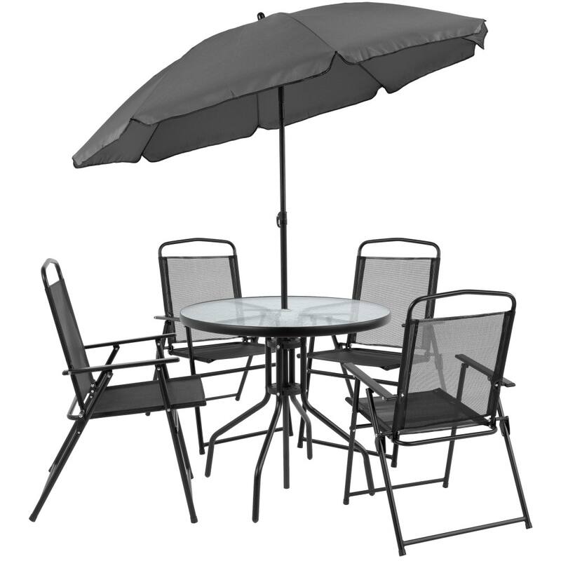 Nantucket 6 Piece Patio Garden Set with Table, Umbrella and 4 Folding Chairs