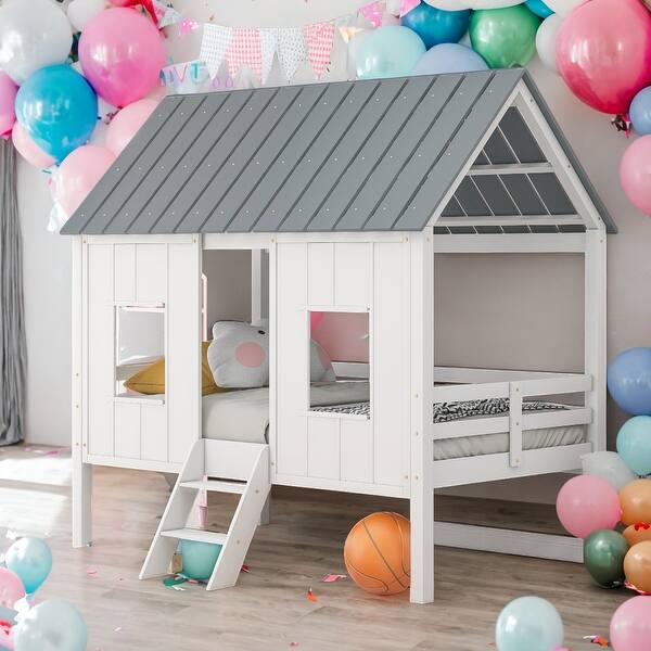 slide 2 of 9, Modern Twin Size Low Loft Playhouse Bed With Roof And Two Front Windows for Bedroom White