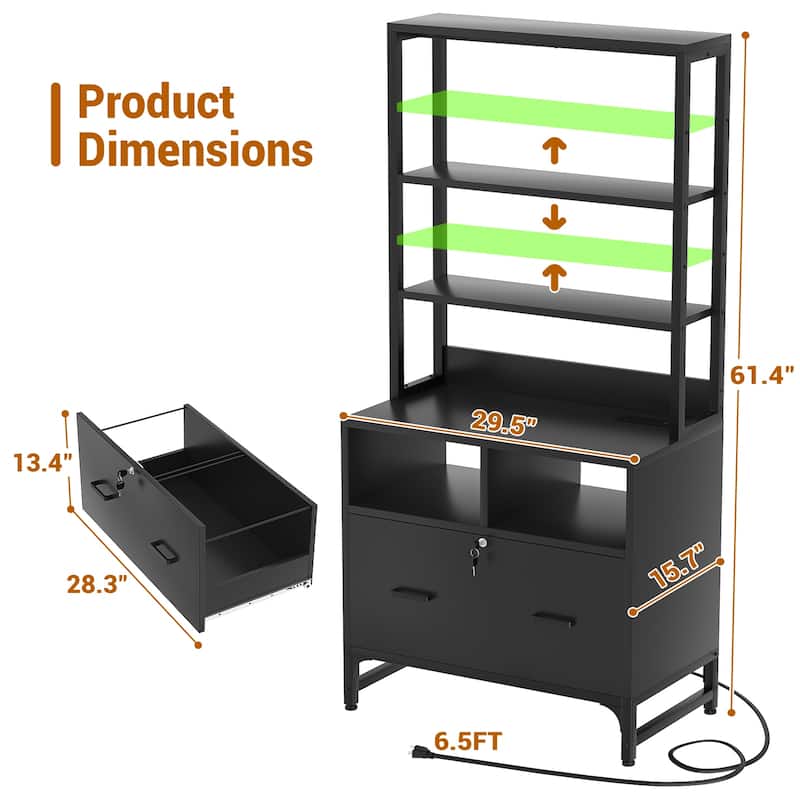 61''H Office File Cabinet with Locked Drawers and Hutch, Sideboard with USB Station and Hutch
