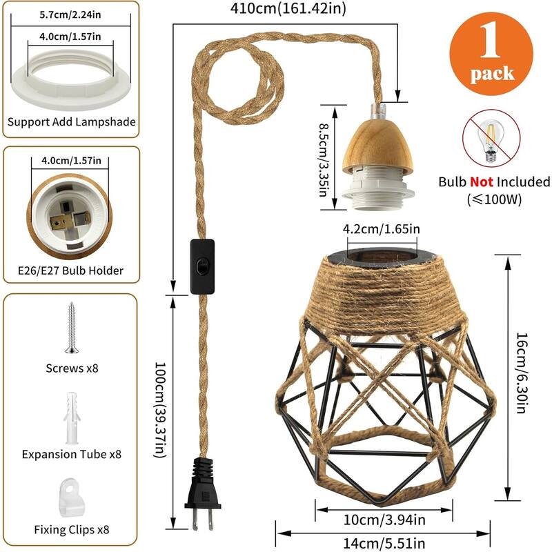 Rustic bedroom light black pendant light wood & hemp rope cable hanging light