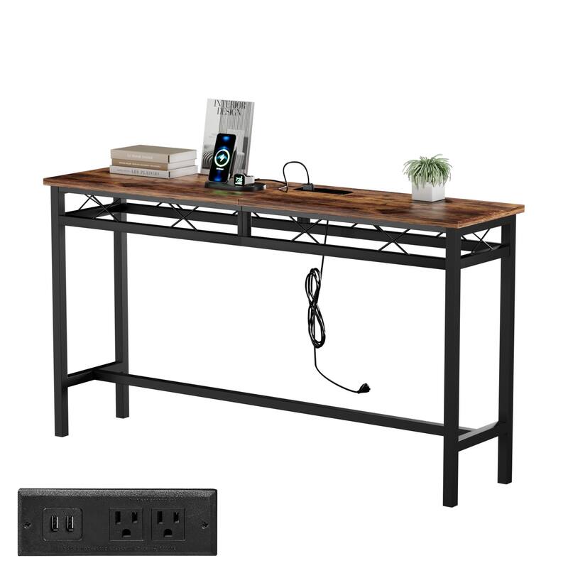 Javlergo Console Table with with Charging Station & USB Ports, Rustic Brown - 71''L