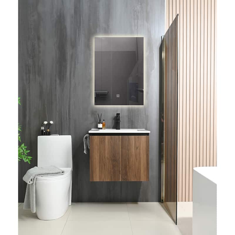 24" Wall-mount Bathroom Sink Vanity Floating Storage Cabinet - Black + Dark Walnut