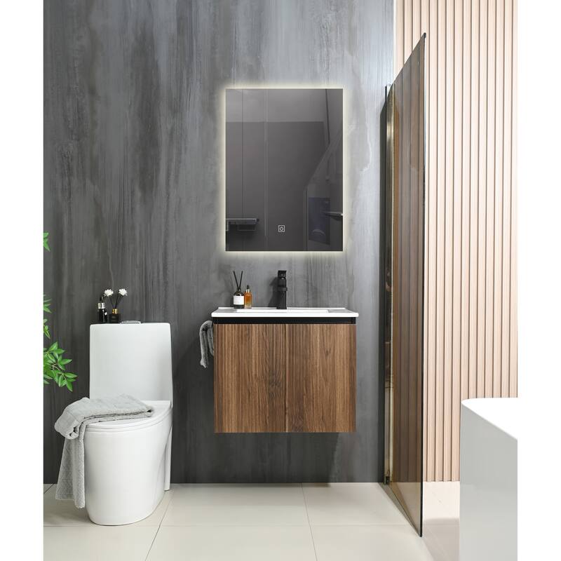 GDFStudio - Adrian Floating Bathroom Vanity with Ceramic Sink and Integrated Towel Rack Storage Cabinet - Black + Dark Walnut