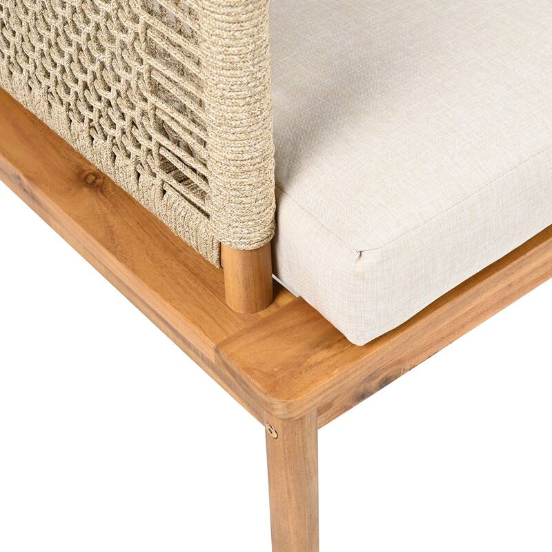 Roomfitters Outdoor 4-Piece Acacia Wood and Rope Patio Sofa Set with Coffee Table, Beige Cushions