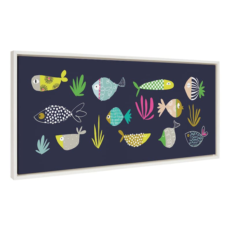 Kate and Laurel Sylvie Fishy Friends Framed Canvas by Turnowsky - 18x40 - White
