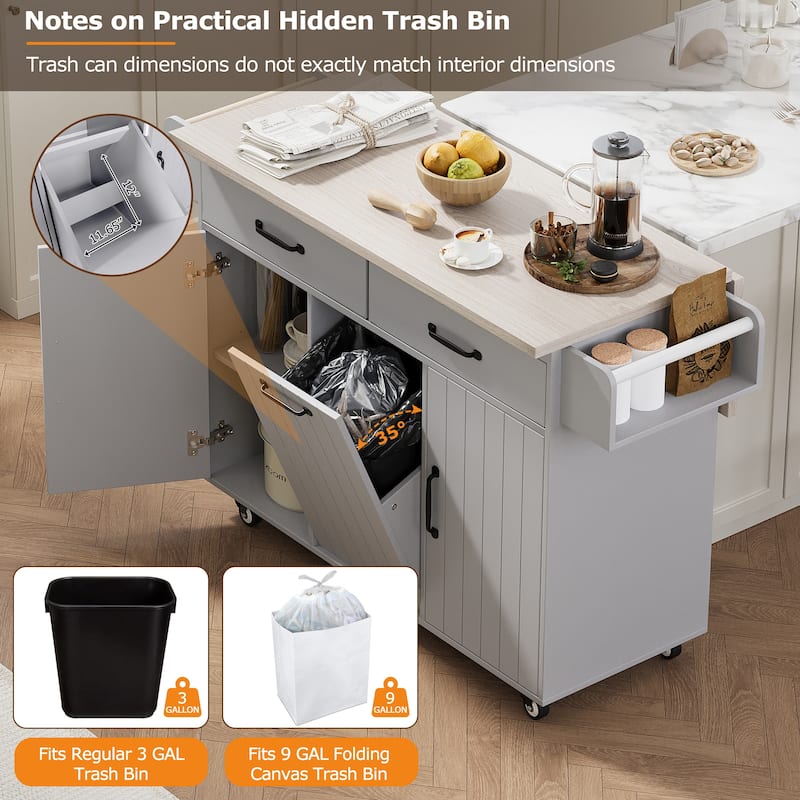 Kitchen Island with Trash Can Storage Cabinet, Rolling Kitchen Island on Wheels with Adjustable Shelf, Drop Leaf & Drawer